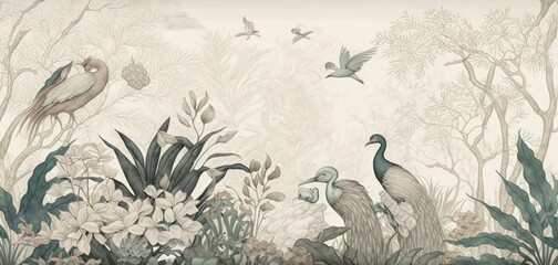 Naklejka na meble wallpaper jungle and leaves tropical forest peacock and forest birds, drawing vintage of white mod, Generative AI