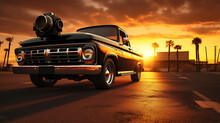 Vintage Car With Camera On Hood In Desert Sunset, Generated Art