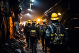 Fototapeta Miasto - group mining workers walks through tunnel coal mine