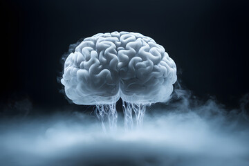 The human brain is frozen ice with fog and steam, cool and cold. Blue studio light on black background. concept is creativity, imagination, medical, science and technology. idea intelligent thinking.