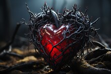A Glowing Red Heart With Black Thorns Or Roots Wrapped Around It. In The Rainforest, With Fog, Dim Light, Lonely And Scary. The Concept Is Heartbreak, Deception, Blackmail, Devil Fruit And Love.