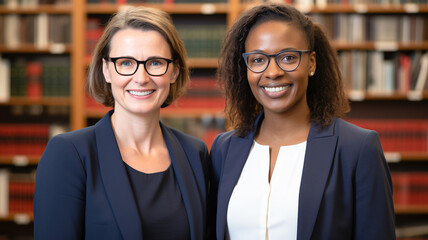 Portrait of happy multi ethnic business lawyers in suits standing with crossed arms and looking at camera in office. A vivid portrayal of justice and legal protection.