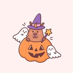 animal capybara - wizard, in pumpkin jack-o'-lantern and little cute ghosts. cartoon characters in k