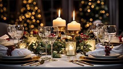 Elegant Christmas table setting with candles, holly, and golden cutlery, emphasizing festive elegance.