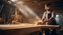 Carpenter With Goggles In The Workshop, In The Sun Light