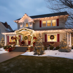 Wall Mural - lifestyle photo christmas house exterior full of lights.