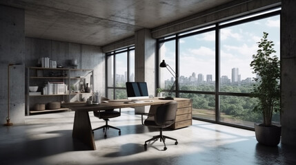 Sticker - White brick open space office interior with a concrete floor, a blank wall fragment and computer