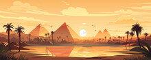Beautiful Egyptian Landscape. Amazing Pyramids And Sights Of Egypt. Great Pipamidy, City, Palm Trees And River At Sunset. Travel And Tourism Concept. 