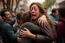 People Worried And Crying In The Streets After The Earthquake