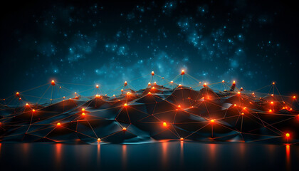 Connected network graphic on a black screen, AI generated