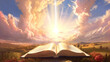 © hassanmim2021 - Bible illustration open book landscape art paradise sun light prayer jesus god Divine. Generative Ai