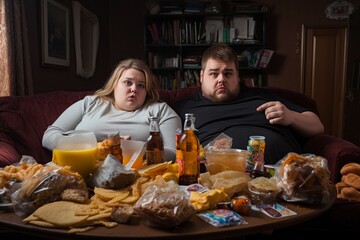 Wall Mural - couple sitting at home and eating junk food