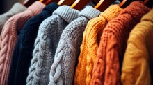 Cozy Comfort Fashion Wardrobe Autumn 2023, What To Wear This Fall. Many Autumn Colors Warm Knitwear Sweater, Knitted Clothes Hanging On Hangers In The Closet.