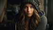 a portrait of a pretty young woman with a winter hat
