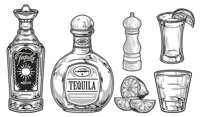 Wall Mural - Tequila drink monochrome set stickers