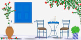 Fototapeta Londyn - illustration with traditional greek yard - blue window, bougainvillea flower, table with chair, tenekes with basil plant, ouzo drink