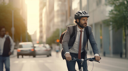 Urban Commute: Businessman Wearing Helmet Biking to Work on City Road