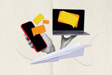 Artwork Collage Picture Of Two Black White Colors Arms Hold Netbook Smart Phone Display Dialogue Bubble Flying Paper Airplane