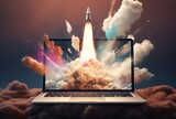Fototapeta Pokój dzieciecy - A laptop with a rocket launching from the screen