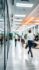 Bright business workplace with people in walking in blurred motion in modern office space