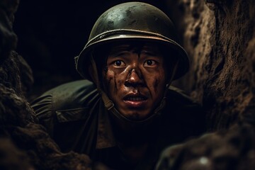 vietnamese soldier in an underground dirt tunnel