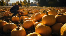 A Man Bakes Yellow Pumpkins From A Field Into A Box