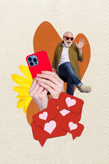 Sticker - Vertical collage of mini excited carefree grandfather dancing big arms hold smart phone flower like notification isolated on paper background