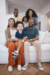 Sticker - Happy family, grandparents and portrait of children on sofa smile for bonding, relationship and love. Home, living room and senior parents with mom, dad and kids together for happiness, joy and relax