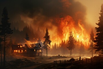 Poster - Forest fire engulfed rural houses. Natural disaster