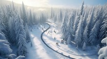 An Overhead Shot Of A Cross-country Skiing Trail Winding Through A Frosty Forest, With Skiers Gliding Along The Pristine Tracks