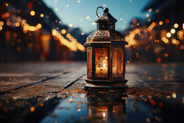 Traditional oriental lantern on the background of a bokeh of lights with a copy space. Card for the Ramadan holiday