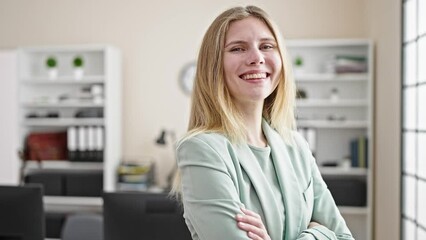 Sticker - Young blonde woman business worker smiling confident standing with arms crossed gesture at office