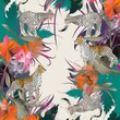 Silk scarf design. Creative contemporary collage with leopards and flowers. Fashionable template for design, Generative AI