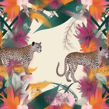 Silk Scarf Design. Creative Contemporary Collage With Leopards And Flowers. Fashionable Template For Design, Generative AI