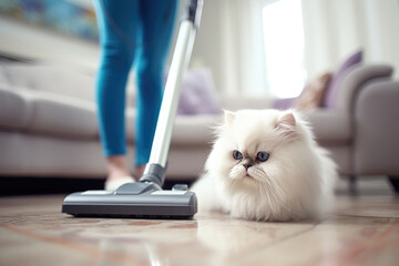 Woman using a vacuum cleaner while cleaning carpet in the house. Vacuuming cat hair