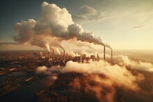 Smoke From Heating Station In Big City During Winter Season At Sunset. Aerial View Of A Smokestack Pipes Emitting Co2 From Coal Thermal Power Plant Into Atmosphere.