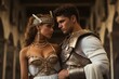 gladiator in roman armor with a very beautiful woman