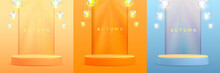 Set Of Autumn Backgrounds With 3d Podium And Electric Lamps. Vector Illustration