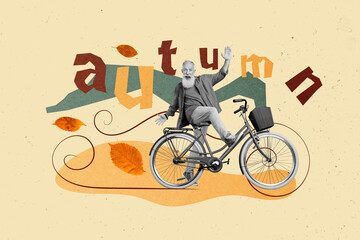 Creative composite abstract template photo collage of satisfied retired man riding bicycle in autumn isolated on colorful background