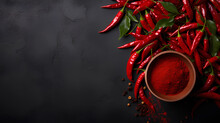 Bowl Of Fresh Chili Powder And Chili Pepper On Grey Table
