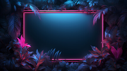 Wall Mural - neon tropical leaves on a dark background with neon frame