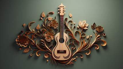 vintage guitar with floral elements on grey background