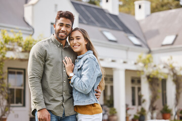 Wall Mural - Portrait, smile of couple and outdoor at new home, bonding and having fun together. Love, happy man and woman by house in relationship, support and connection for moving in to real estate property