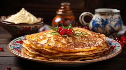 Canvas Print - Traditional Ukrainian or Russian pancakes, Shrovetide Maslenitsa, Traditional dishes. Generative Ai