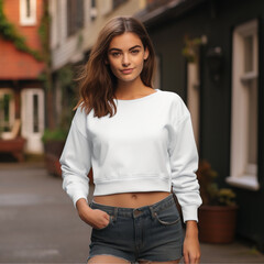 Wall Mural - mockup for Women's Cropped Fleece Pullover, the pullover is white and is being worn by a woman wearing high waisted skinny jeans, the background is a street.