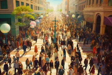 Wall Mural - Crowd of people walking in the street