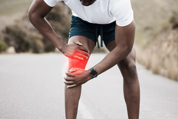 Canvas Print - Runner man, knee pain and injury in street, red glow overlay and emergency with training, fitness and health. Guy, outdoor and accident with arthritis, osteoporosis or fibromyalgia in workout on road