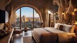 A cave inspired room with a balcony offering panoramic vistas of the unique rock formations, cappadocia, turkey, 16:9