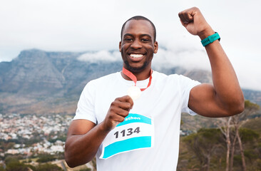 Canvas Print - Runner man, celebration and medal in portrait for marathon, competition or race with smile in Cape Town. African winner guy, champion and goal in challenge, contest or fist for metal prize in nature