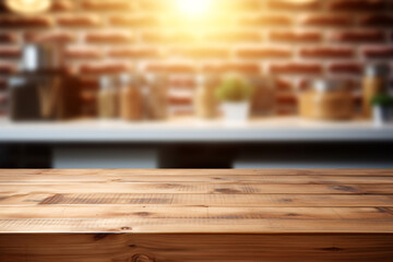 Wall Mural - Empty wooden table and blurred background of kitchen with lights with copy space